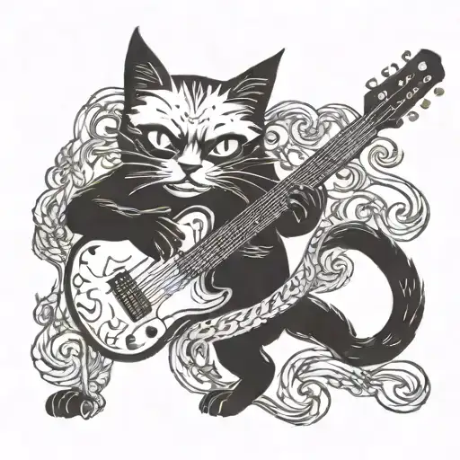 black cat playing a guitar tattoo design idea