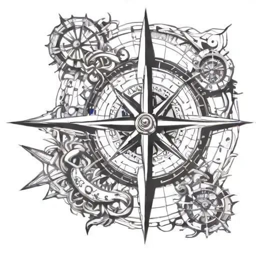 Compass rose with anchor and broken clock  tattoo design idea