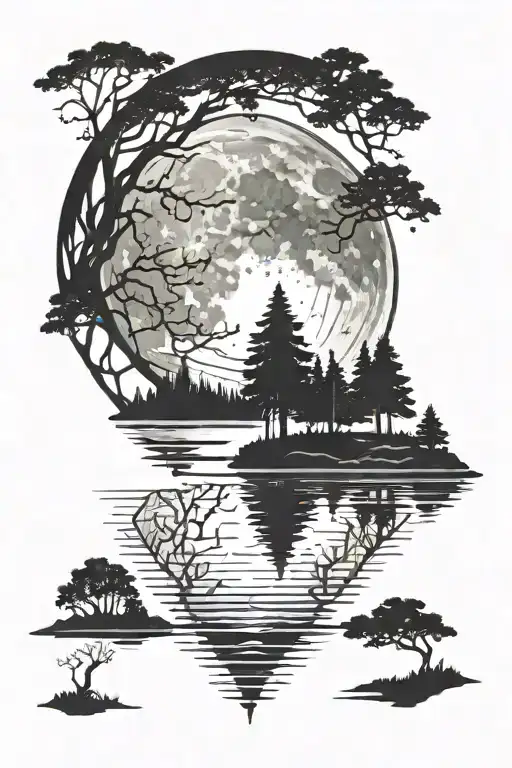 An intricate design of a full moon reflecting on a tranquil lake surrounded by tall trees tattoo design idea