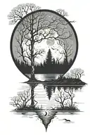 An intricate design of a full moon reflecting on a tranquil lake surrounded by tall trees tattoo design idea