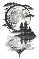An intricate design of a full moon reflecting on a tranquil lake surrounded by tall trees tattoo design idea
