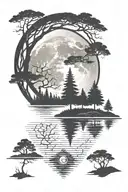 An intricate design of a full moon reflecting on a tranquil lake surrounded by tall trees tattoo design idea