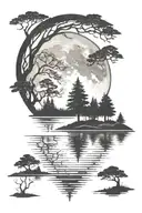 An intricate design of a full moon reflecting on a tranquil lake surrounded by tall trees tattoo design idea