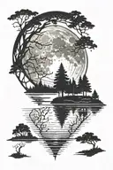 An intricate design of a full moon reflecting on a tranquil lake surrounded by tall trees tattoo design idea