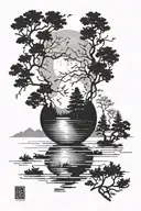 An intricate design of a full moon reflecting on a tranquil lake surrounded by tall trees tattoo design idea