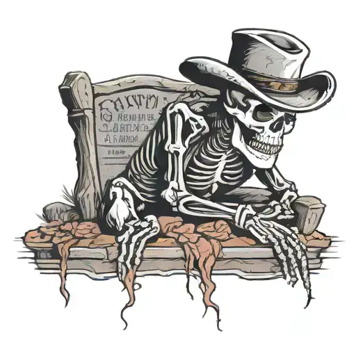 western skeleton looking at gravestone in Wild West tattoo design idea