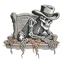 western skeleton looking at gravestone in Wild West tattoo design idea