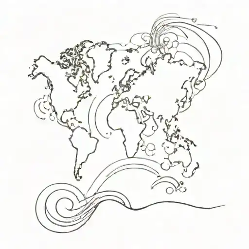 world map with sun and wave tattoo design idea