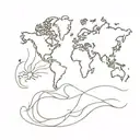 world map with sun and wave tattoo design idea