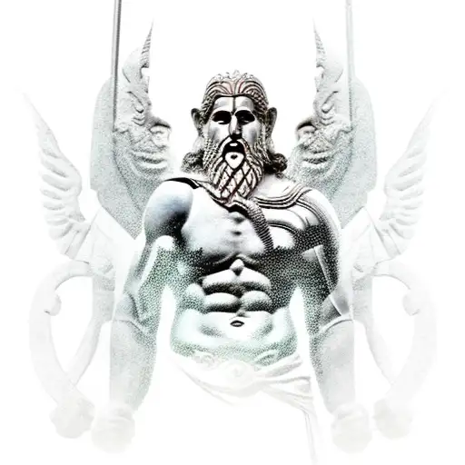 Ancient Greece god of warriors with angry eyes and a lot of scars, bust, muscles tattoo design idea