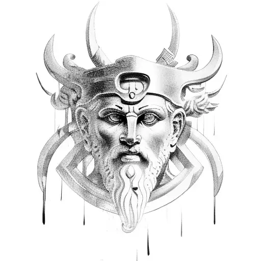 Ancient Greece God, warrior, angry eyes,a lot of scars, bust tattoo design idea