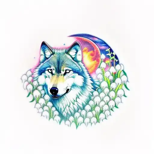Wolf in a field of lily of the valley under a cloudy, moonlit sky with a Phoenix flying out of an Ash tree tattoo design idea