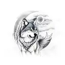 Wolf in a field of lily of the valley under a cloudy, moonlit sky with a Phoenix flying out of an Ash tree tattoo design idea