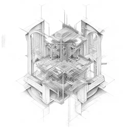 A blueprint-inspired tattoo design with architectural elements and musical instruments tattoo design idea