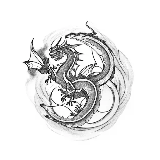 Create a striking minimalist tattoo design featuring a dragon encircled by delicate rose petals against a clean white ba tattoo design idea