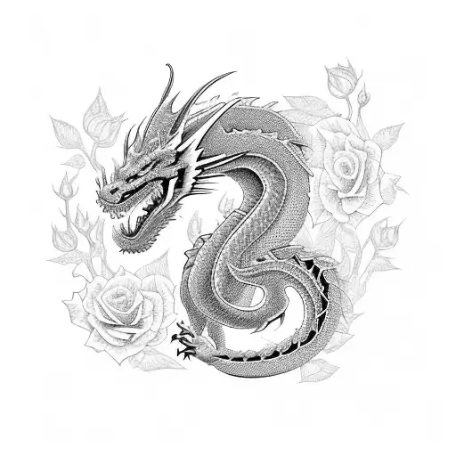 Create an image featuring a powerful dragon surrounded by vibrant roses, executed in the style of traditional American t tattoo design idea