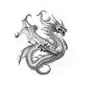 Design a simplistic yet striking image of a dragon in the style of traditional American tattoos, characterized by bold o tattoo design idea
