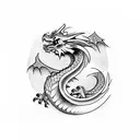 Design a simplistic yet striking image of a dragon in the style of traditional American tattoos, characterized by bold o tattoo design idea