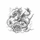 Create an image featuring a powerful dragon surrounded by vibrant roses, executed in the style of traditional American t tattoo design idea
