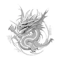 Create an image featuring a powerful dragon surrounded by vibrant roses, executed in the style of traditional American t tattoo design idea