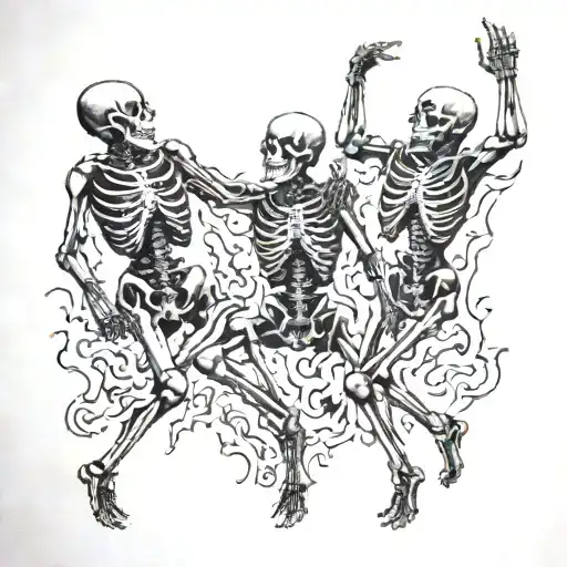 5 or 4 full body skeletons dancing hand in hand around fire tattoo design idea