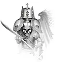 a knight piercing a skull with his sword while kneeling down in Greece. The tattoo should fit on my shoulder and breast tattoo design idea