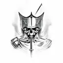 a knight piercing a skull with his sword while kneeling down in Greece. The tattoo should fit on my shoulder and breast tattoo design idea