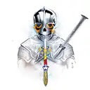 a knight piercing a skull with his sword while kneeling down in Greece tattoo design idea