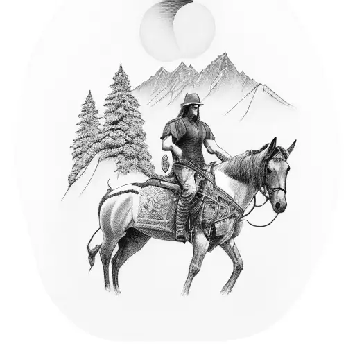 man on horse at bottom of mountain  with a pathway up quarter sleeve tattoo design idea