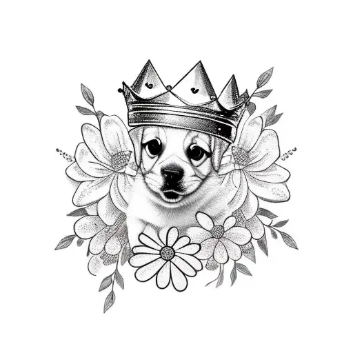 A minimalist tattoo of a cute puppy wearing a crown of flowers tattoo design idea