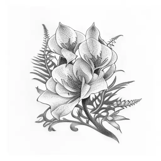 Lady fern, snapdragon flower, and foxglove flower partial sleeve tattoo design idea