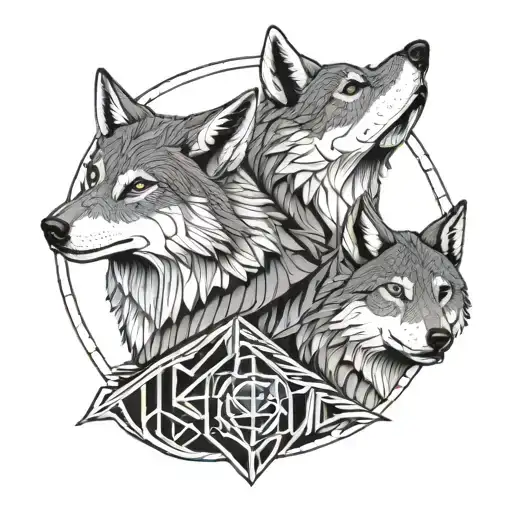tattoo of a couple of wolves a gray female wolf standing lovingly wrapping and protecting the neck of a seated black wol tattoo design idea