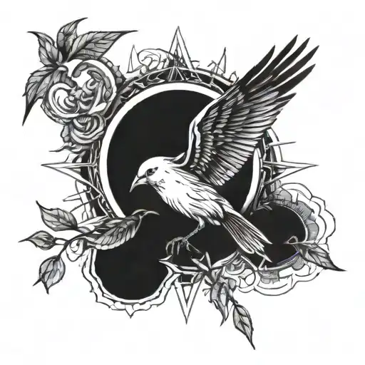  Dark colors. Lines go through. The sun on the shoulder. A bird bellow the sun. Watch with 13:21 in it and 16.09.2003  tattoo design idea