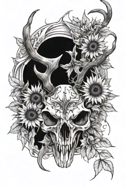 deer skull with sunflowers wrapped tattoo design idea