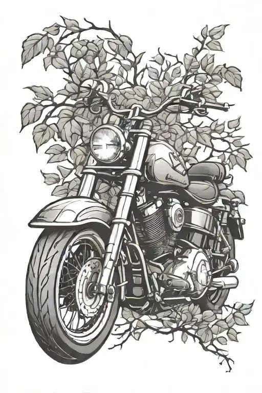 Incorporate a Harley Davidson motorcycle and branches representing family members into a cohesive tattoo design tattoo design idea
