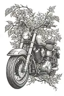 Incorporate a Harley Davidson motorcycle and branches representing family members into a cohesive tattoo design tattoo design idea