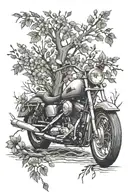 Incorporate a Harley Davidson motorcycle and branches representing family members into a cohesive tattoo design tattoo design idea