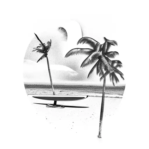 surfboard leaning on palm tree with the ocean and sunset in the background  tattoo design idea