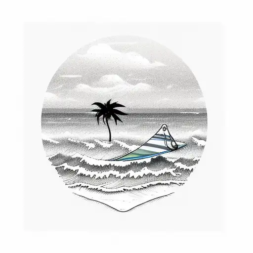 Palm Tree with a surfboard leaning on it and a wave with sunset in background  tattoo design idea