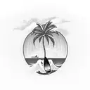 Palm Tree with a surfboard leaning on it and a wave with sunset in background  tattoo design idea