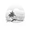 Palm Tree with a surfboard leaning on it and a wave with sunset in background  tattoo design idea