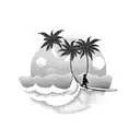Palm Tree with a surfboard leaning on it and a wave with sunset in background  tattoo design idea