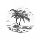 Palm Tree with a surfboard leaning on it and a wave with sunset in background  tattoo design idea