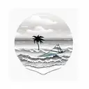 Palm Tree with a surfboard leaning on it and a wave with sunset in background  tattoo design idea