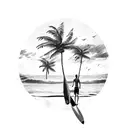 Palm Tree with a surfboard leaning on it and a wave with sunset in background  tattoo design idea