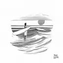 Palm Tree with a surfboard leaning on it and a wave with sunset in background  tattoo design idea