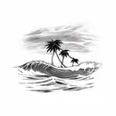 Palm Tree with a surfboard leaning on it and a wave with sunset in background  tattoo design idea