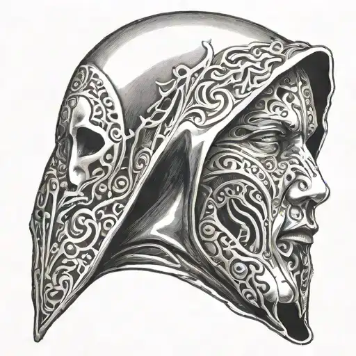 side hood with no face looking into mirror reflecting tattoo design idea