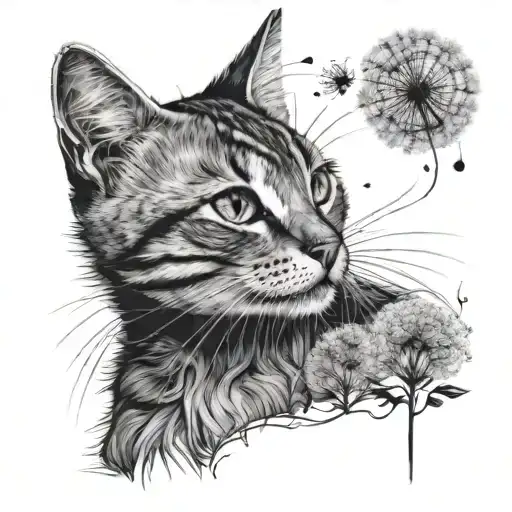 A cat gazing at a dandelion clock, with the seeds floating away like time passing by, symbolizing the fleeting nature of love tattoo design idea