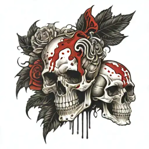 Pain and confusion pierce the skull, which is covered in blood and from it stretches a bright and terrible trace of pain tattoo design idea